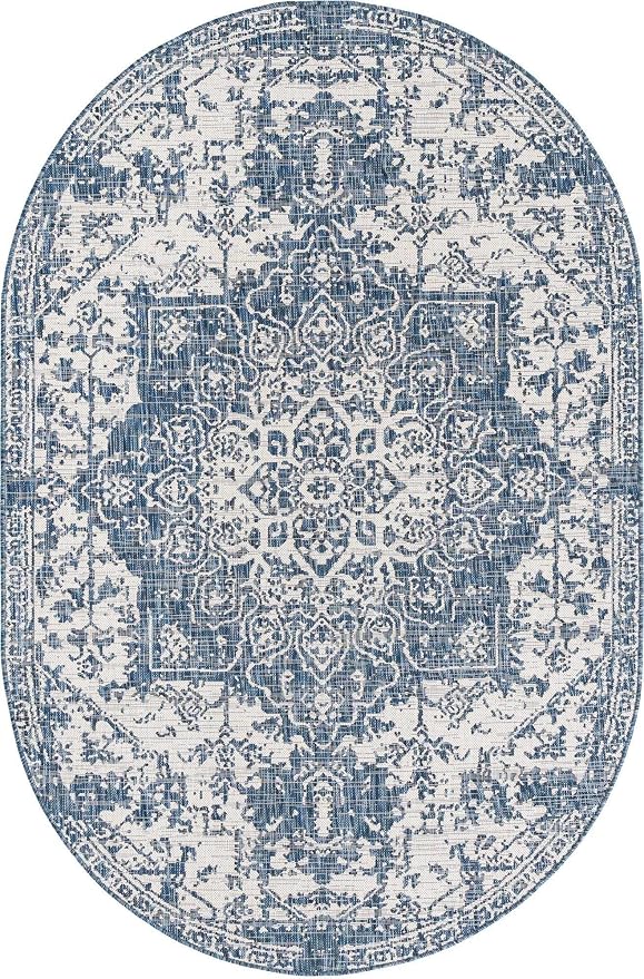 Unique Loom Outdoor Collection Area Rug - Dubai (5' 3' x 8' Oval, Blue/ Ivory)