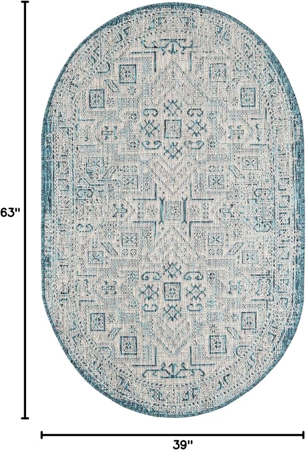 Unique Loom Outdoor Aztec Collection Area Rug - Coba (3' 3" x 5' 3" Oval, Teal/ Ivory)