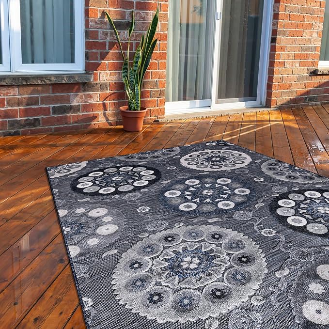 CAMILSON Indoor Outdoor Rug 9x12 Bohemian Medallion Floral Area Rugs for Indoor and Outdoor Patios Easy-Cleaning Non-Shedding Living Room Garden and Kitchen Washable Outside Carpet (9 x 12 / Navy)