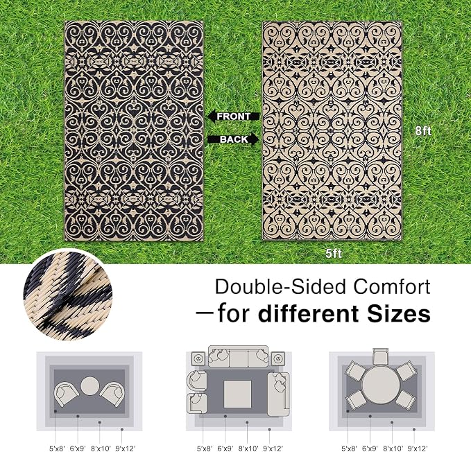 OLANLY Outdoor Rug Waterproof 5x8 ft Clearance, Reversible Outdoor Plastic Straw Rug with Floral Pattern, RV Mat for Patio, Camping, Balcony, Deck, Backyard, Black & Beige