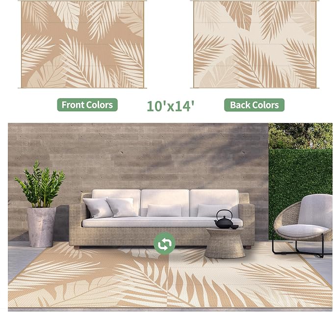GENIMO Outdoor Rug 10' x 14' Waterproof for Patios Clearance, Reversible Outdoor Plastic Straw Camping Rug Carpet, Large Area Rugs Mats for RV, Camper, Deck, Balcony, Porch, Beach, Brown&Beige