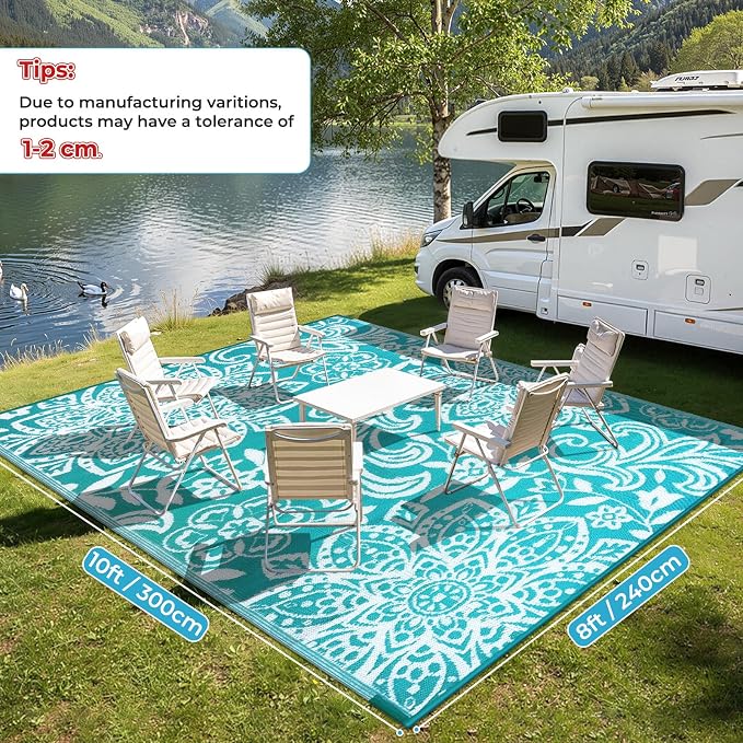 Findosom Waterproof Outdoor Rug 8' x 10' - Reversible Mandala Outdoor Plastic Straw Rug, Durable Foldable Patio Rug for RV, Deck, Balcony, Backyard, Picnic, Porch, Camping, Beach, Blue