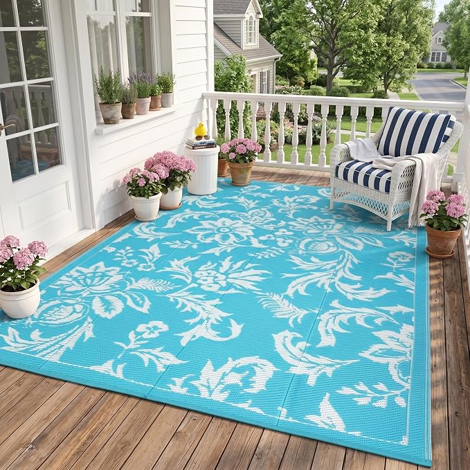 IDEALHOUSE Waterproof Outdoor Rug 8x10 for Patio, Foldable Reversible Area Rug, Large Plastic Straw Mat for Camping, RV, Porch, Backyard, Picnic, Beach, Light Blue & White
