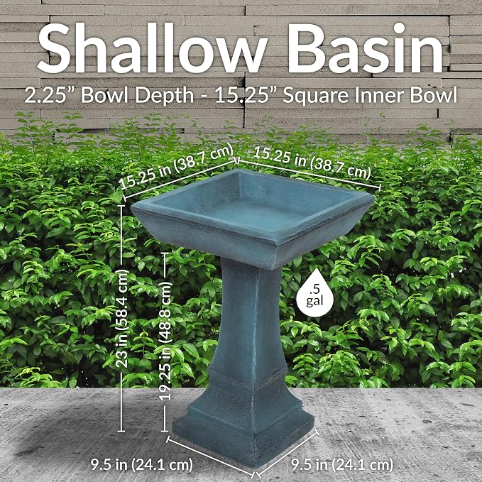 Sunnydaze 23” H Concrete Bird Bath for Outdoors - Simply Square Garden Bird Bath with Glass Fiber Reinforced Concrete Construction - Patina Green