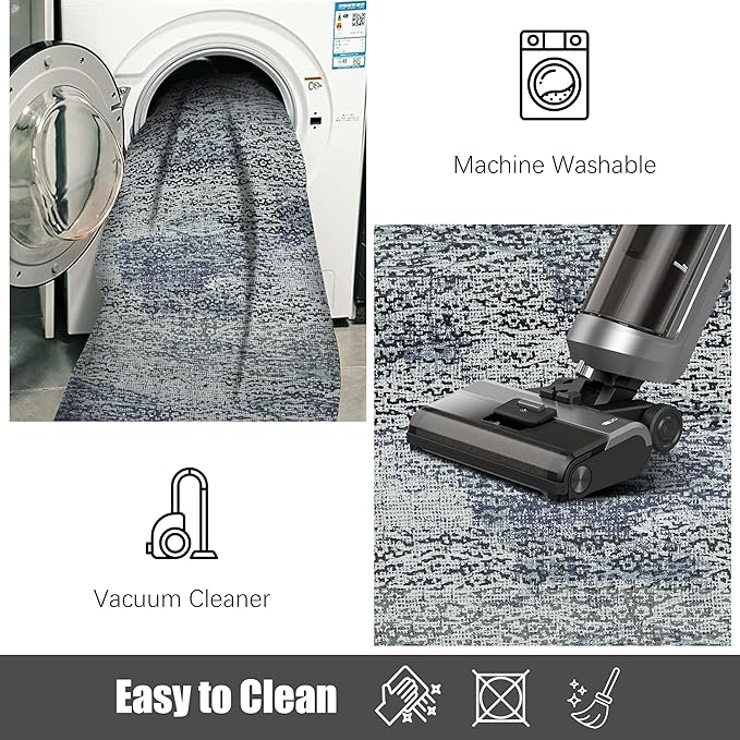 Washable Area Rug - 1/6 Thick - Stain & Water Resistant Non-Slip - Resistant Rug for Living Room, Bedroom, Nursery, Pet & Child Friendly, Vintage Charm Area Rugs (Grey+LightTeal, 4' x 6')