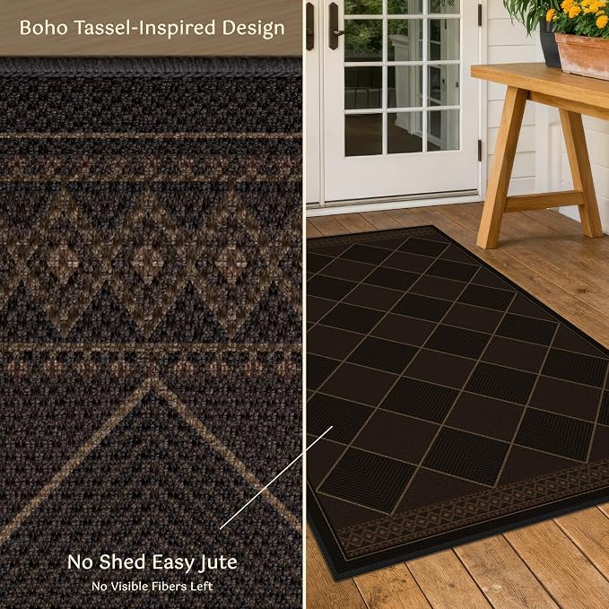 Large Dark Brown Checkered Easy Jute Outdoor Area Rug 5x7, Boho Diamond Geometric Pattern Non-Slip Living Room Patio Rug Indoor, Low Pile Stain Resistant Boho Decor Carpet for Dining Room and Office