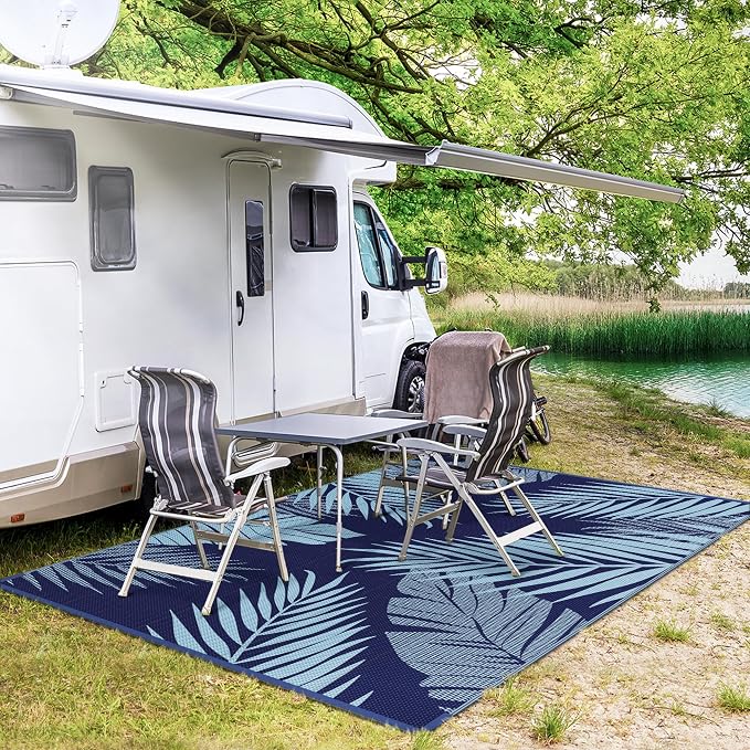 GENIMO Outdoor Rug 8' x 10' Waterproof for Patios Clearance, Reversible Outdoor Plastic Straw Camping Rug Carpet,Large Area Rugs Mats for RV,Camper,Deck,Balcony,Porch,Beach, Navy Blue & Pastel Blue