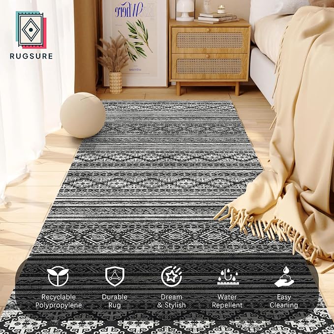 Washable Area Rugs 2'6'' x 8' - 1/6 Thick - Moroccan-Inspired -Stain & Water Resistant Non-Slip - Resistant Rug for Living Room, Bedroom, Nursery, Pet & Child Friendly (Black)