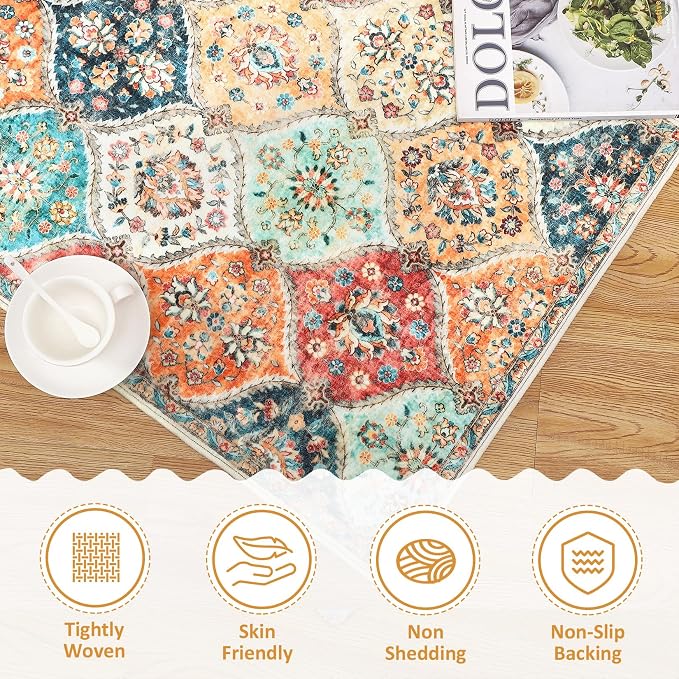ROYHOME Runner Rug 2x10 Washable Moroccan Trellis Hallway Runner Rug | Stain Resistant Non-Slip Floor Cover Vintage Distressed Entrance Carpet for Laundry Kitchen Entryway Bedroom, Cream