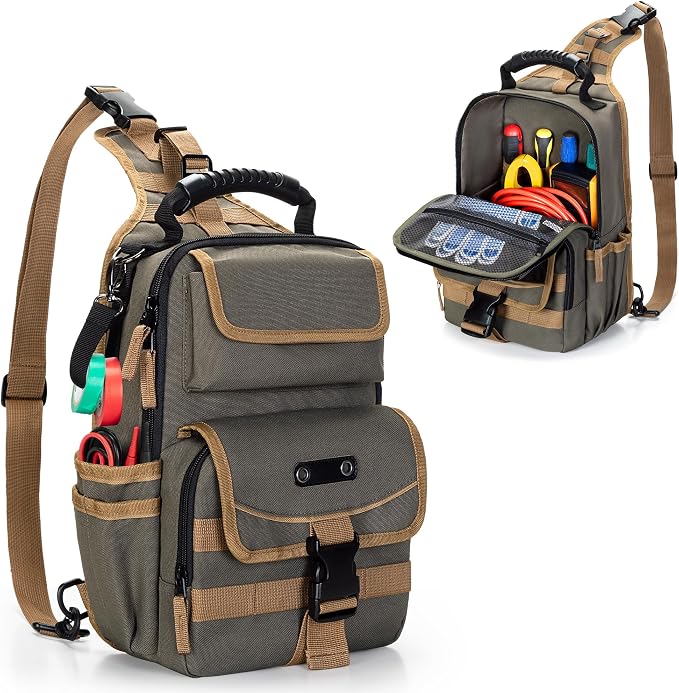 Electrician Tool Pouch Bag, Zippered HVAC Tool Organizer | Heavy-Duty Canvas Fabric, Ergonomic Handle, Removable Shoulder Strap, Ideal for Maintenance Repair Technician
