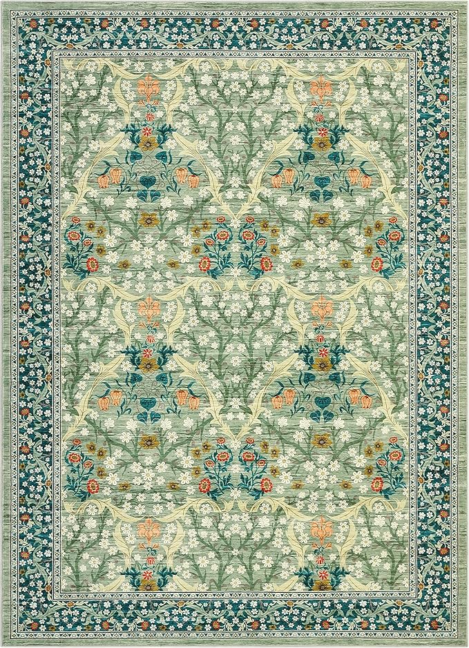 GarveeHome Sage Green Floral 8x10 Washable Area Rug Living Room Bedroom | Vintage Washable Low-Pile Non-Slip Carpet Soft Stain Resistant Rugs for Large Room Botanical Boho Rug TPE Backing