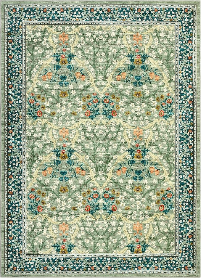 GarveeHome 6x9 Washable Area Rug for Living Room, Floral Dining Room Rugs for Under Table, Low Pile Non-Slip Stain Resistance Floor Carpet for Bedroom, Sage Green