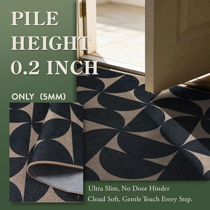 Lahome Semi Circle Easy Jute Black Runner Rug, 2x8 Washable Kithcen Runner | 8ft Non Slip Stain Resistant Non Shedding Indoor Outdoor Carpet for Entryway Hallway