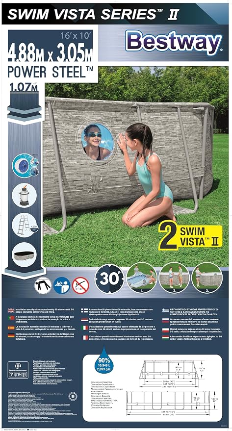 Bestway Power Steel Swim Vista Series Frame Pool Complete Set with Sand Filter System, 488 x 305 x 107 cm, Stone Wall Effect (Cream Grey), Oval