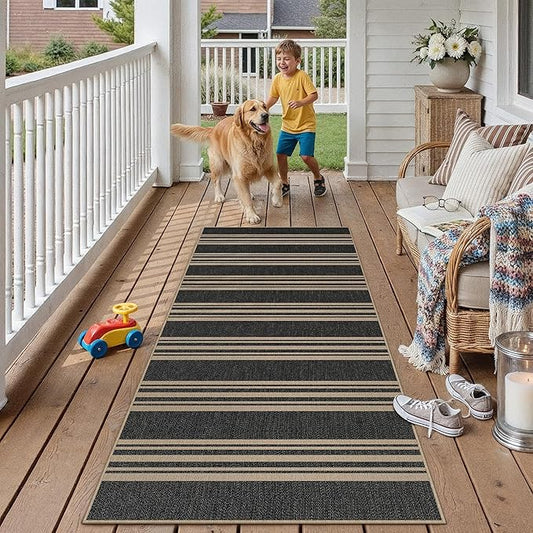 PureCozy Striped Easy Jute 2x6 Kitchen Runner Rug Black Washable Carpet for Hallway Non Slip Farmhouse Neutral Non Shedding Indoor Outdoor Long Rug Bathroom Bedroom Laundry Entryway