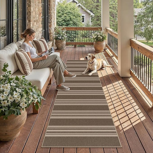 PureCozy Striped Easy Jute 2x8 Kitchen Runner Rug Brown Washable Carpet for Hallway Non Slip Farmhouse Neutral Non Shedding Indoor Outdoor 2'6"x8 Long Rug Bathroom Bedroom Laundry Entryway