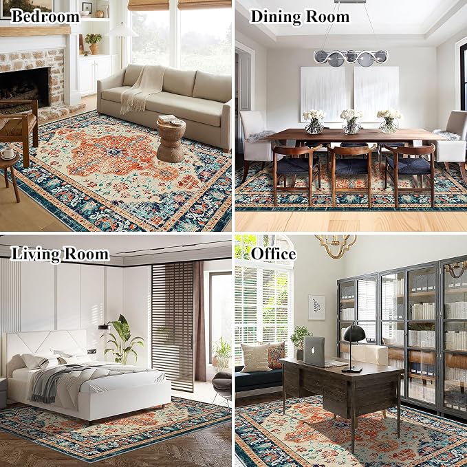 U'Artlines Boho Vintage Area Rug 6x9 Machine Washable Carpet,Orange/Multi | Low Pile, Non Slip, Ultra-Thin Soft Floor Carpet, Accent Rug for Living Room Bedroom Entryway Dining Room Office