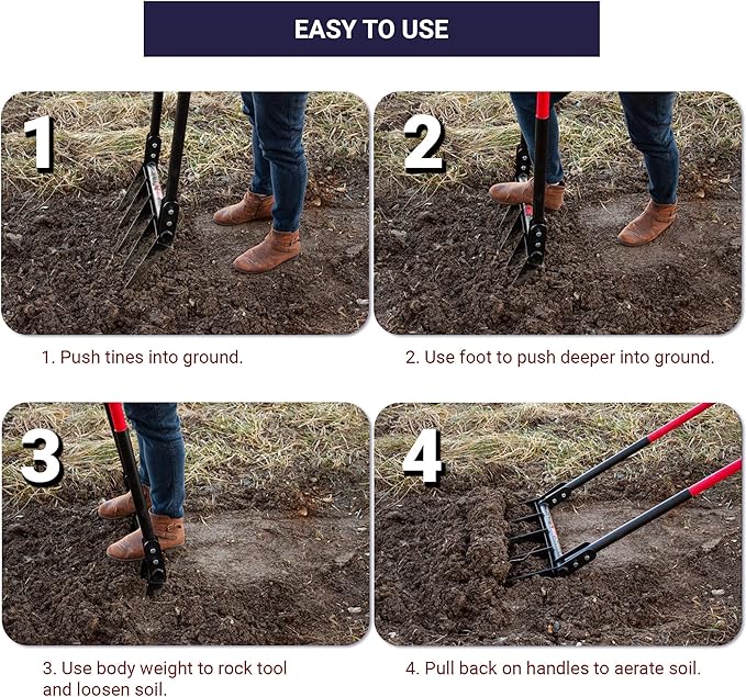 Bully Tools 5-Tine Broadfork with Fiberglass Handles, Heavy Duty Broad Fork for Tilling Aerating and Turning Soil, 56" 10-Gauge Steel Fork, Ideal for Garden Beds and Pavers Base Prep, 100% Made in USA