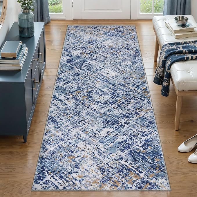 Tangsoo Blue Abstract 2x6 Washable Runner Rug, Modern Non Slip Runner Rugs | Contemporary Indoor Soft Low Pile Rugs for Hallway,Print Carpet Runners for Laundry Entryway Bedroom Kitchen Home Decor
