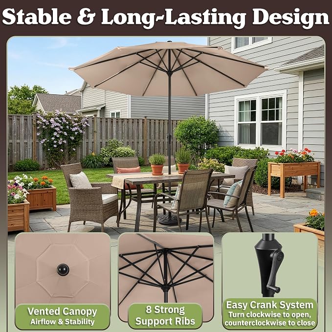 Pure Garden 9FT Round Patio Umbrella with 19lb Weighted Base - Easy Crank, Vented Canopy Outdoor Umbrella for Shade - For Deck, Balcony, Porch, Backyard, or Pool (Khaki)