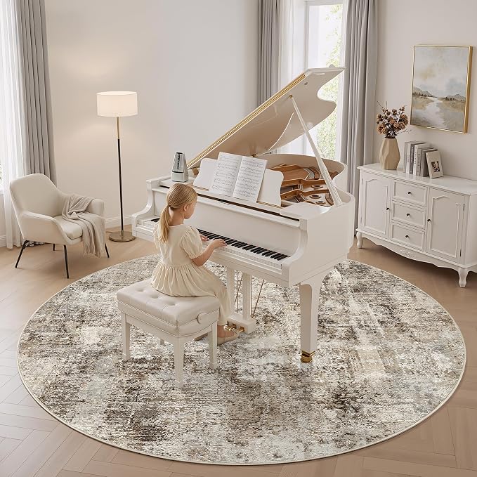 8Ft Round Area Rug Washable Abstract Rugs for Living Room Dark Brown | for Bedroom, Dining Room, Office, Nursery, Soft Neutral, Low Pile Non-Slip, Kid Pet Friendly, Large Indoor Carpet, Home Decor