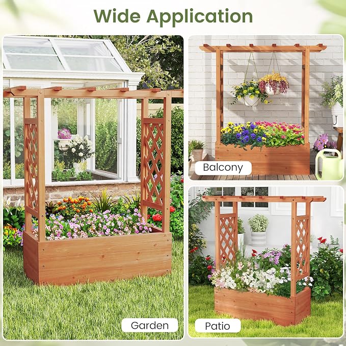 Giantex Raised Garden Bed with 2-Sided Trellis & Hanging Roof, Fir Wood Planter Box w/Drainage Holes, Freestanding Garden Planter for Flowers Herbs Climbing Vines (43"x15"x45")