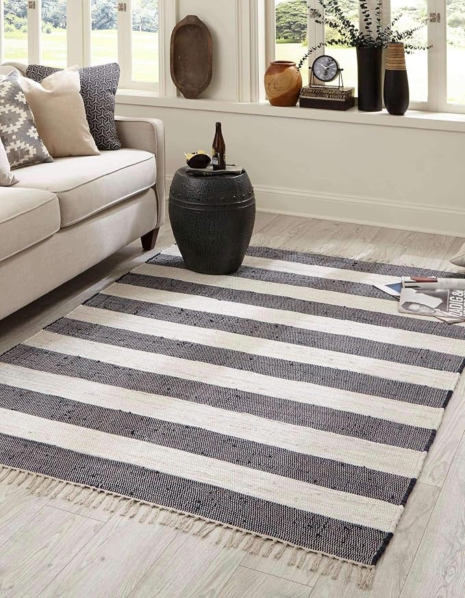 Unique Loom Chindi Rag Collection Area Rug - Striped (8'x 10' Rectangle, Navy Blue/ Ivory)