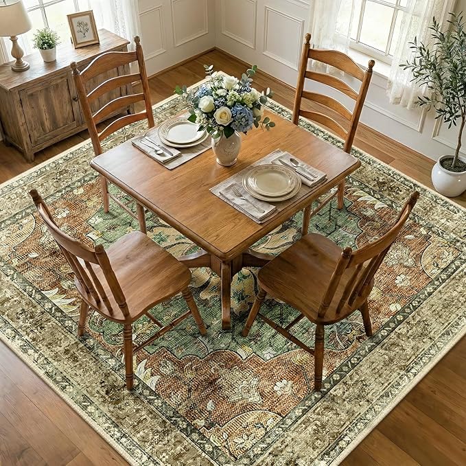 RELEANY Washable Area Rug, Square 7'x7', Brick/Brown/Green | Non-Slip, Water Repellent, Pet Friendly, Easy to Clean, Vintage Floral Boho Decor for Living Room Bedroom Dining Room Office