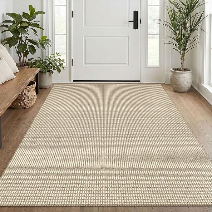 KOZYFLY Washable Area Rug 4x6 ft Non Slip Rubber Backed Living Room Rugs Braided Woven Cotton Kitchen Rugs Indoor Outdoor Entryway Rug for Dining Living Room Bedroom, Ivory/Camel/Brown