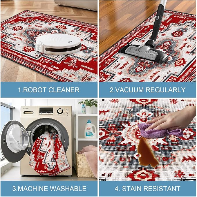 Red Geometric Rose 2x3 Entry Rug,Washable Small Rugs for Entryway Kitchen Bathroom Door Mat Indoor Entrance,Non Slip Rubber Backing,Stain & Fade Resistant,Gul Floral Farmhouse Decor