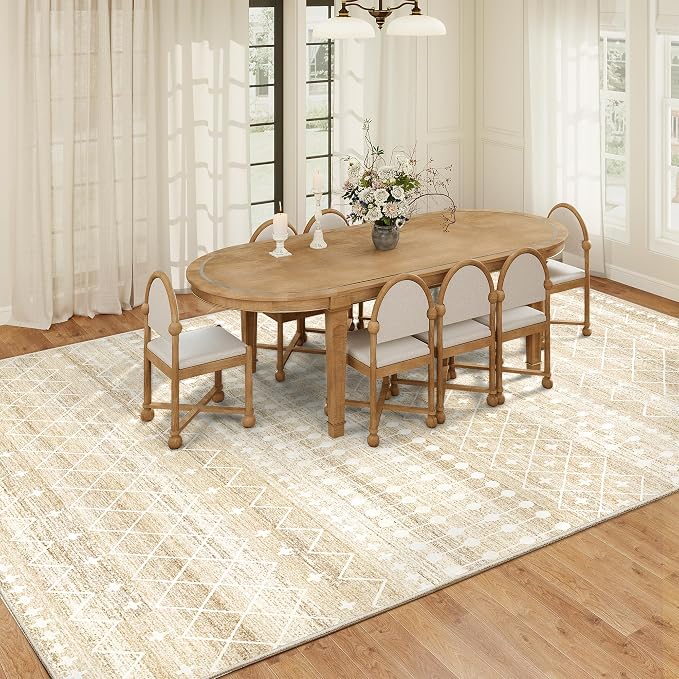 Miukiki 9x12 Area Rug for Living Room, Washable Non Slip Moroccan Rug Beige | Large Soft Rug for Kitchen Bedroom Dining Room Office, Low Pile Indoor Floor Carpet Home Decor 9'x12'