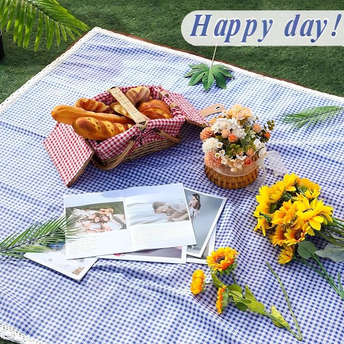 VitalCozy Waterproof Picnic Blankets 59 x 78in Outdoor Blanket Foldable 2 in 1 Double Layer Sandproof Beach Mat with Carry Strap for Camping Lawn Park Beach Grass(Blue White)