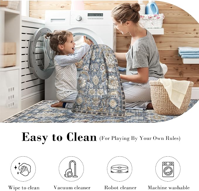 Washable Area Rugs - Perfect for Living Room, Bedroom, Kids Room, Nursery - Stain & Water Resistant Non-Slip, Pet & Child Friendly, Vintage Tribal Area Rugs (Navy, 2'6'' x 8')