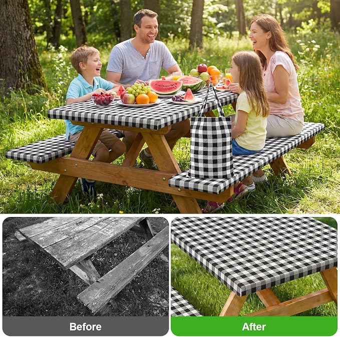 Dntorx Picnic Table Cover with Bench Covers and Bag 72in, Black | Waterproof, Windproof, Elastic Edges Fitted Rectangle, Camping Tablecloth, RV Gear Campers Must Have