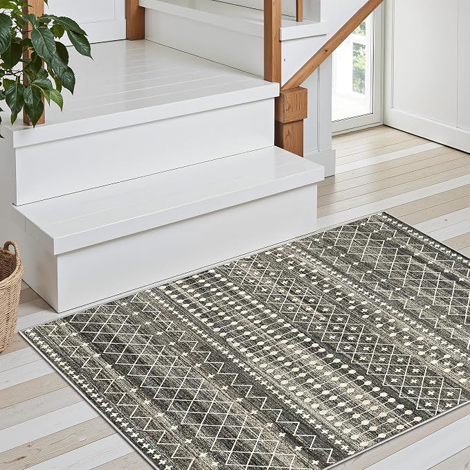 Miukiki 2x3 Entryway Rug Washable Non Slip Moroccan Area Rugs Black | Soft Low Pile Kitchen Rug for Bedroom Bathroom Floor, Indoor Small Rug Easy Clean Machine Washable Rugs 2'x3'
