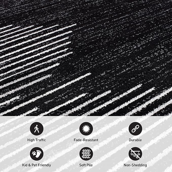 Rugshop Bohemian Stripe Stain Resistant Runner Rug Black 2'7" x 10' | High Traffic, Rectangular, Size 2'7" x 10', Living Room, Bedroom, Dining Room, Home Office, Kitchen, Entryway, Hallway