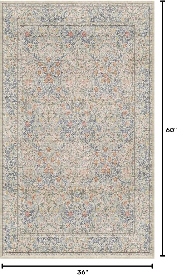 3x5 Washable Area Rug for Bedroom Beside Bed Mat, Large Kitchen, Entryway Rug Indoor - Ultra Soft Vintage Floral Beige Blue Decor Non-Slip Low Pile Stain Resistance