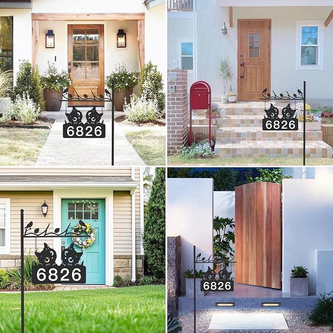 Metal Address Sign for Houses, House Numbers for Outside, Double-Sided Reflective Home Address Sign For Yard, Mailbox Decor Numbers, Address Plaques for High Visibility (Black Cat)