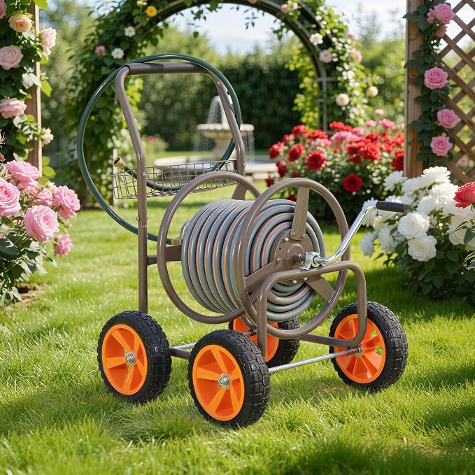 2026 Upgraded Hose Reel Cart with 10" NO-FLAT TIRES, Heavy Duty Industrial Tangle-Free Garden Water Hose Reel with Storage Basket, Holds 250 ft of 5/8" Hose, Heavy-Duty Steel Frame for Lawn Yard