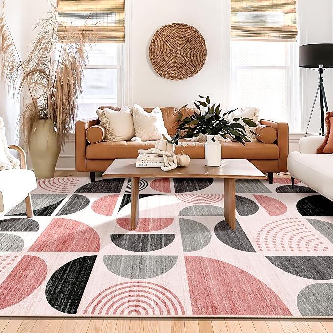 Pink Rug Washable,6x9 Area Rugs Non Slip Modern Abstract Large | Throw Carpet for Living Room Bedroom Dining Room Boho Soft Low Pile Floor Indoor Bohemian Pink and Grey