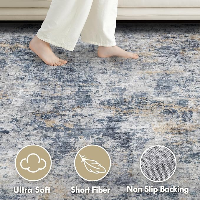 Tortania Washable 7x9 Area Rug for Living Room: Modern Abstract Neutral Large Soft Thin Rugs - Non Slip Indoor Carpet for Bedroom Dining Room Office Nursery Home Floor Decoration - Blue Grey