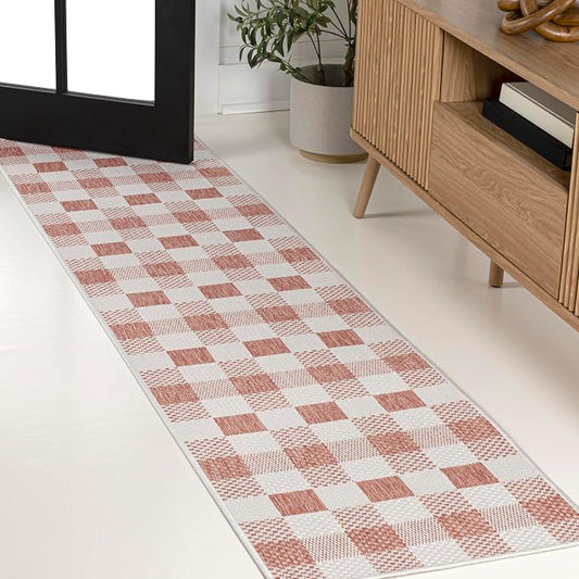 JONATHAN Y Geometric Bold Gingham Indoor Outdoor Runner Rug 2X8 Salmon/Cream, Darcy Traditional for Backyard, Patio, Porch, Easy-Cleaning, High Traffic, Pet-Friendly, Non-Shedding (TSN201B-28)