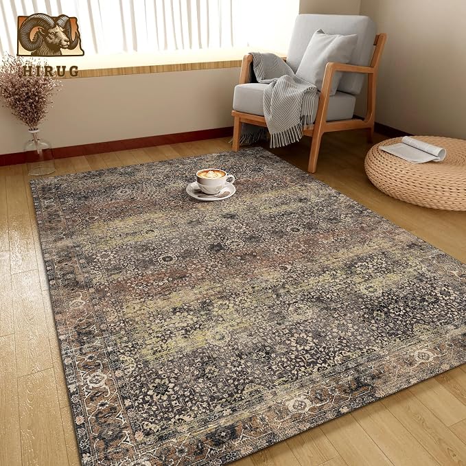 Washable Area Rug 4' x 6' Vintage Traditional Persian Mat - Foldable Distressed Non-Slip Machine Washable Carpet for Living Room Bedroom Kitchen Home Decor - Umber and Slate