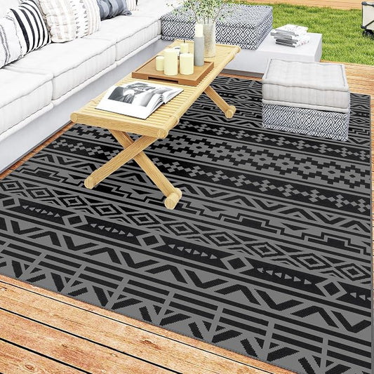 Outsunny Outdoor Rug for Patio, 6' x 9' Waterproof Large Mat, Reversible Plastic Straw Rug for Decor, Portable Outside RV Camping Area Carpet Mat for Backyard Porch Deck Picnic, Black Gray Geometric