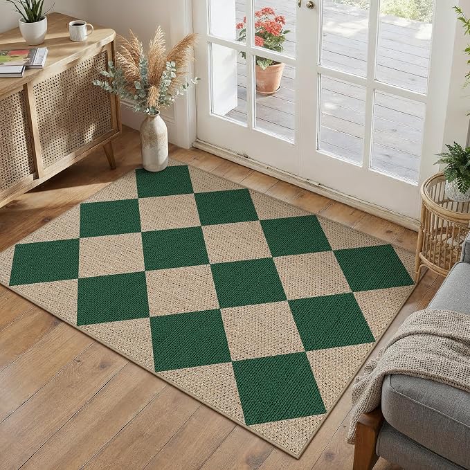 PureCozy 2x3 Checkered Easy Jute Kitchen Front Doormat Non Slip Washable Neutral Area Rug Diamond Non Shedding Low Pile Green Checkerboard Floor Carpet for Farmhouse Entryway Porch Doorway