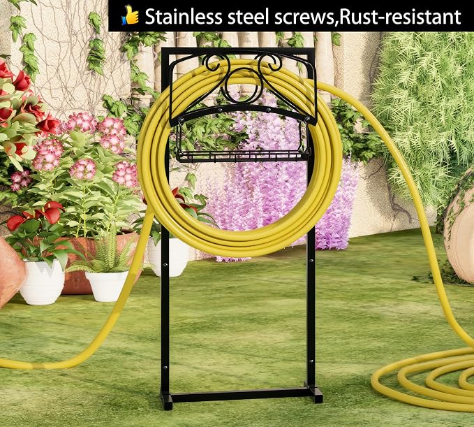 Fire Beauty Heavy-Duty Portable Garden Hose Holder with Storage Basket,80+ lbs Capacity,Holds 180ft Hose,Dual Support Rods & Rustproof Screws