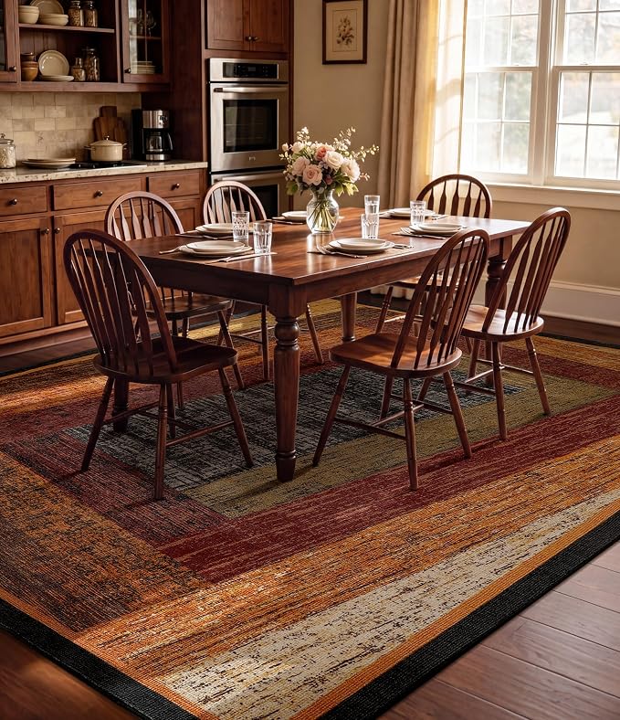Brown Geometric Woody Area Rug 8x10 for Living Room,Retro Farmhouse Rugs Washable,Vintage Rug Non Slip, Boho Area Rug for Kitchen,Dining Room,Bedroom
