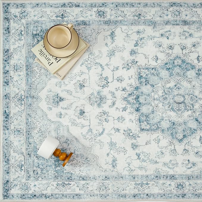 Blue 2x6 Washable Runner Rug Kitchen Vintage Oriental Carpet | Soft Low Pile, Non Slip, Stain Resistant, Floral Medallion, Neutral Retro Decor for Entryway, Bathroom, Hallway, Bedroom