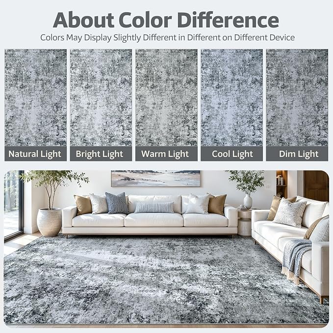 8x10 Washable Area Rug Modern Abstract for Living Room Bedroom Gray White | Soft Indoor Carpet,Anti-skid Backing,Water Repellent,Non-shedding, Suitable for bedroom dining farmhouse nursery home office