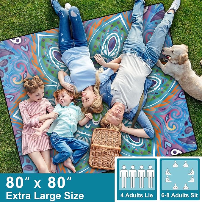 80x80" Large Boho Picnic Blankets Outdoor Water proof Sand proof Beach Blanket Packable Patio Grass Park Camping Mats Camper Hiking Must Haves Gifts Car Road Trip Gear Outside Rv Travel Stuff